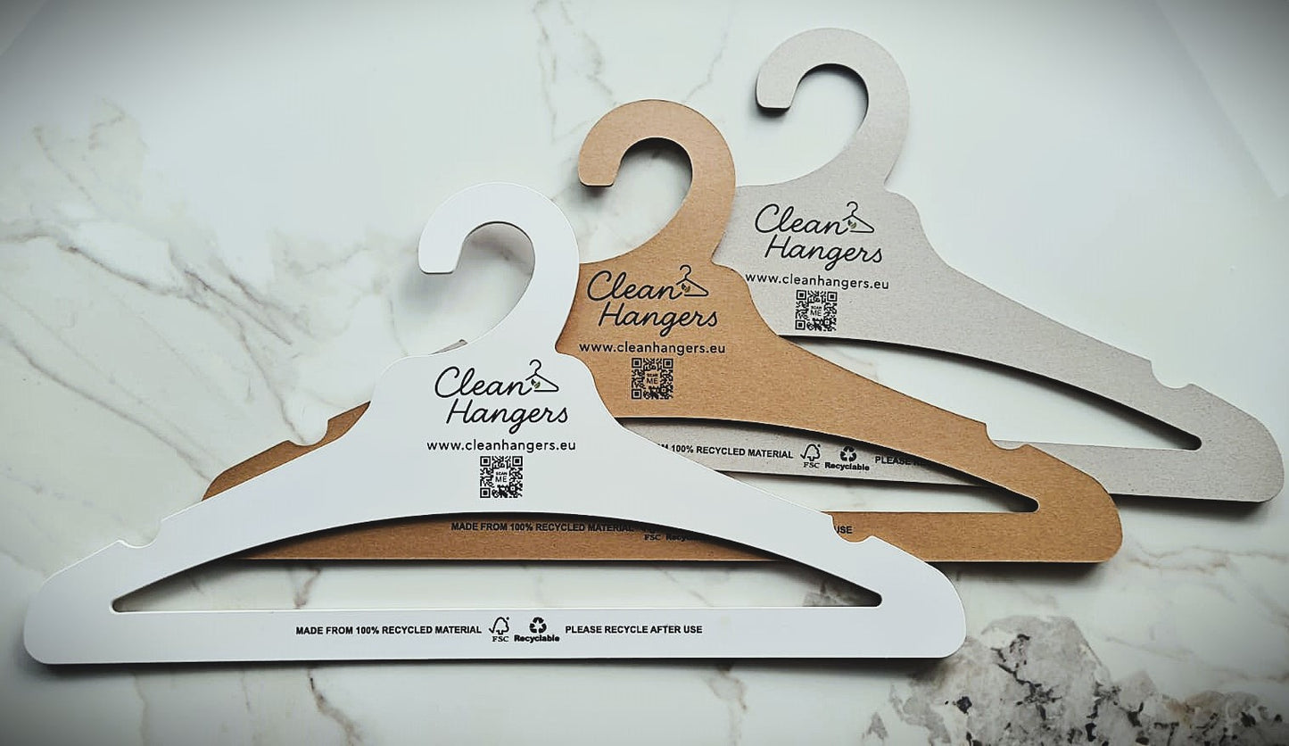 SAMPLE PACK - Eco-Friendly Sustainable Clothes Hangers – Adult (1 White Card, 1 Natural Kraft, 1 Greyboard)
